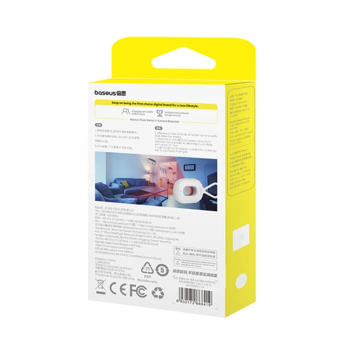 Wykrywacz ukrytych kamer Baseus Heyo Series II z alarmem i mini latarką + kabel Baseus Simple USB-A - USB-C – biały