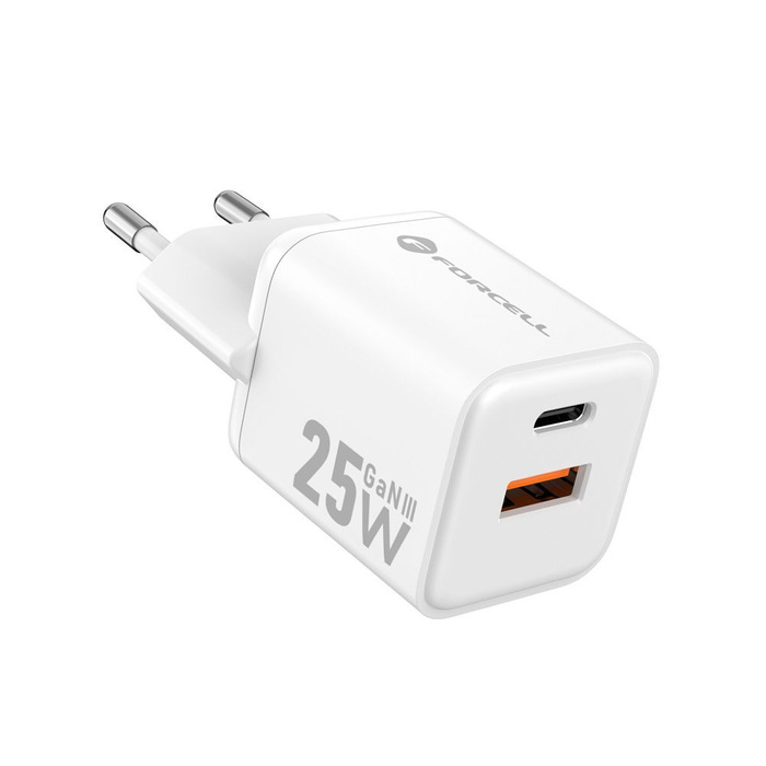 Ładowarka sieciowa do telefonu Forcell F-Energy Mini GaN III USB C + USB A QC4.0 PD 25W VT-25B biała 0INT