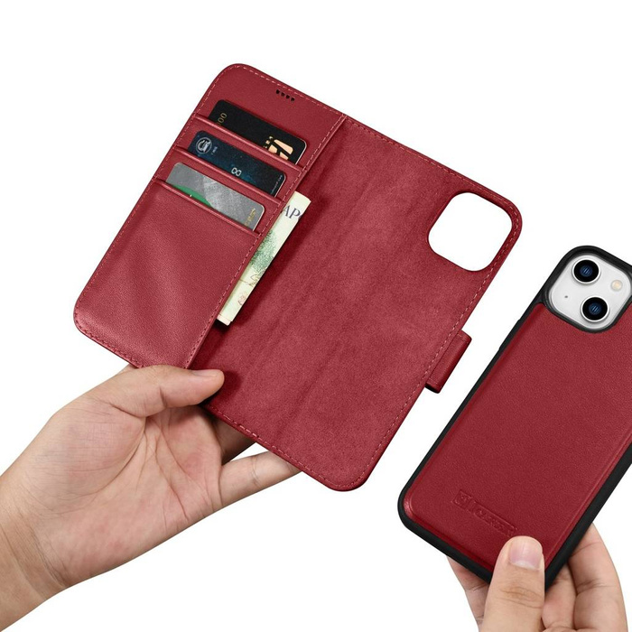 iCarer Wallet Case 2in1 etui iPhone 14 skórzany pokrowiec z klapką Anti-RFID czerwony (WMI14220725-RD)