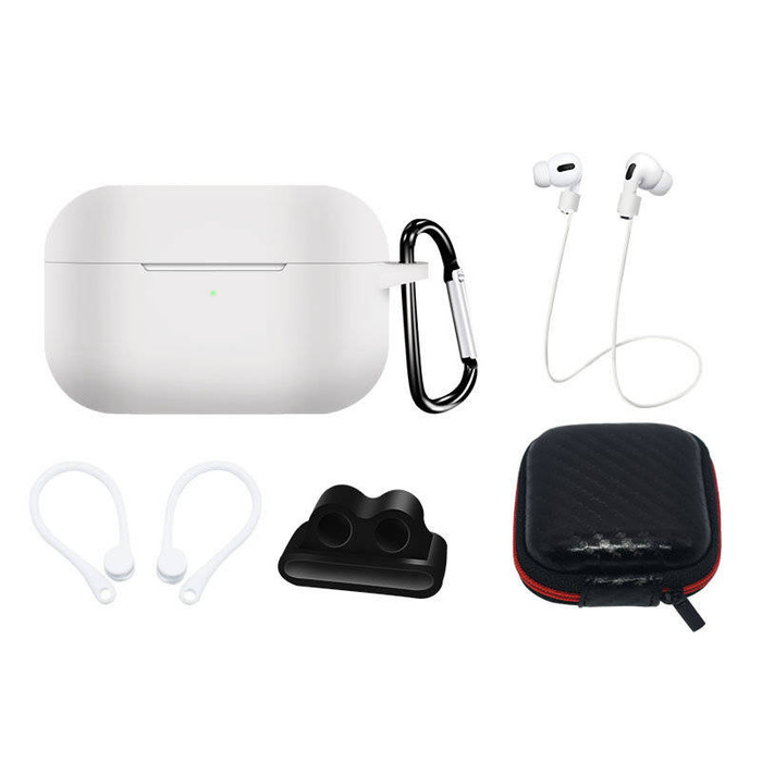 Zestaw silikonowe etui AirPods Pro 2 / AirPods Pro 1 + futerał / zaczep na ucho / pasek na szyję / uchwyt na pasek zegarka / karabińczyk | białe