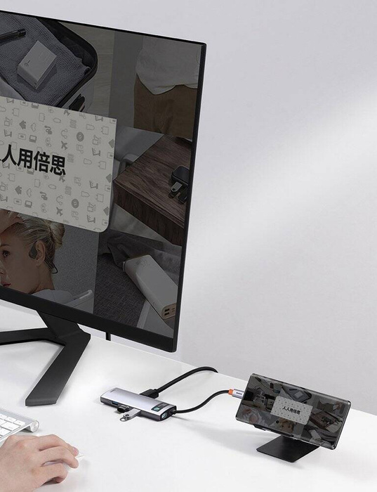 [PO ZWROCIE] Baseus Metal Gleam 6w1 wielofunkcyjny hub USB Typ C - USB Typ C Power Delivery 100 W / HDMI 4K 30 Hz / 3x USB 3.2 Gen 1 / RJ45 1 Gbps Szary (CAHUB-CW0G)