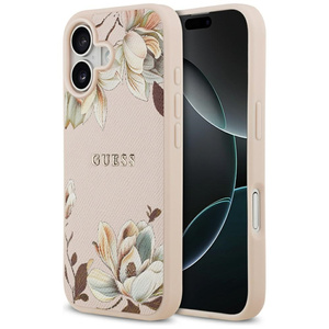 Etui Guess Grained Flowers Classic Logo MagSafe do iPhone 17 różowy