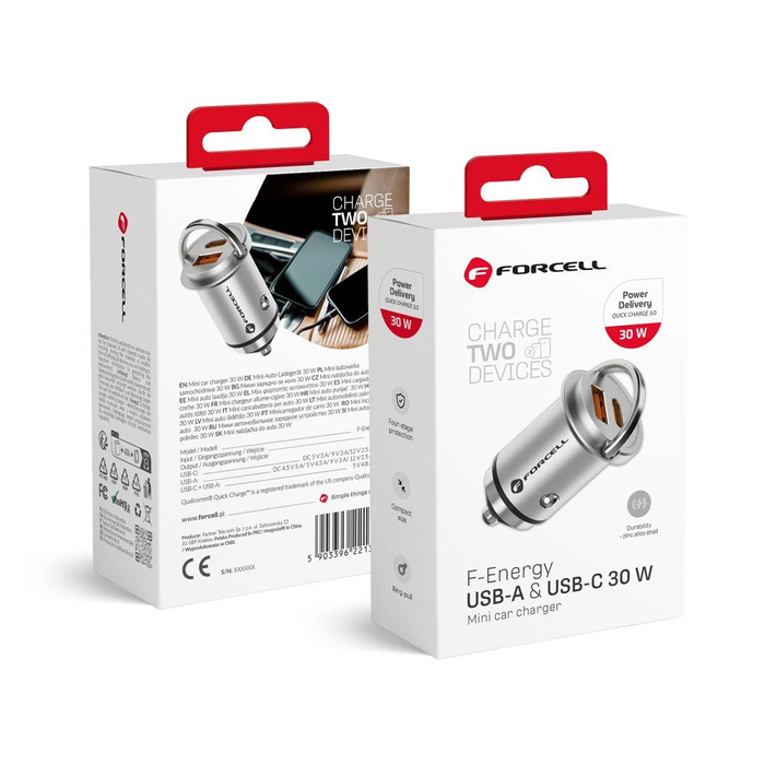 FORCELL F-ENERGY Mini ładowarka samochodowa Typ C + USB A PD QC3.0 5A 30W srebrna