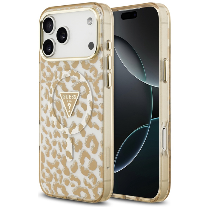 Etui Guess Leopard Glitter MagSafe do    iPhone 17 Pro brązowy