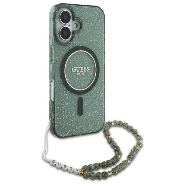 Etui Guess iPhone 16 6.1" zielony/green hardcase IML Glitter With Pearl Strap MagSafe