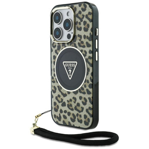 Etui Guess HC IML Leopard Triangle Cord Strap do iPhone 16 Pro MagSafe brązowy