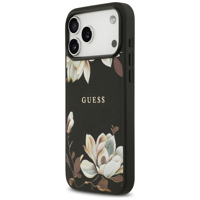 Etui Guess Grained Flowers Classic Logo  MagSafe do iPhone 17 Pro Max czarny