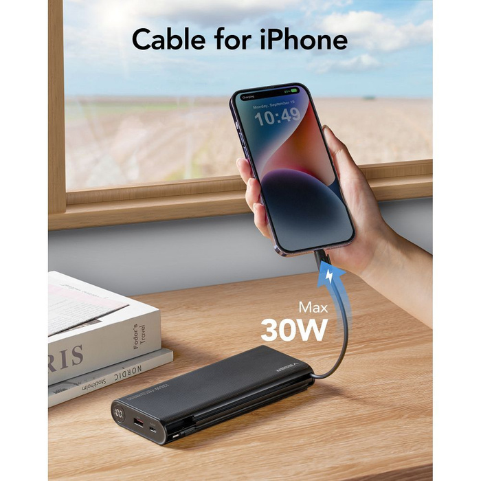 Powerbank Veger TCE130 (W2503) PD 130W 25000 mAh z wbudowanymi kablami Typ C / Lightning czarny