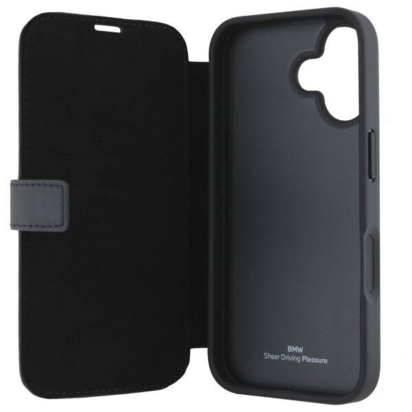 Etui BMW iPhone 16 czarny/black bookcase Signature Leather Wordmark