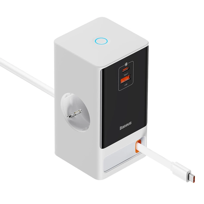 Stacja łądująca Baseus PowerCombo 65W 1.5m 2 x EU + USB-A + USB-C + zwijany kabel USB-C - biała