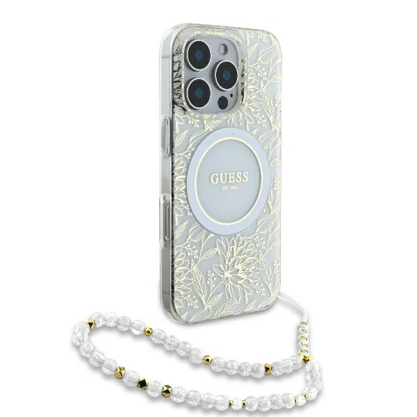 Etui Guess iPhone 16 Pro Max 6.9" biały/white hardcase IML Flowers Allover Electro With Pearl Strap MagSafe
