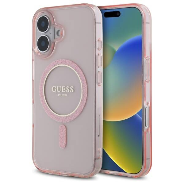 Etui Guess iPhone 16 różowy/pink hardcase IML Glitter Circle MagSafe