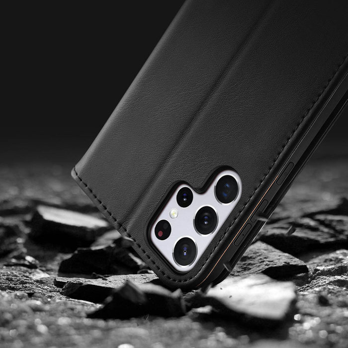 Dux Ducis Hivo skórzane etui z klapką pokrowiec ze skóry naturalnej portfel na karty i dokumenty Samsung Galaxy S22 Ultra niebieski