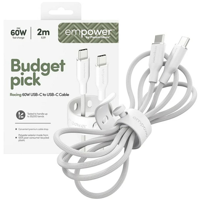 Kabel empower by PanzerGlass Racing 60W  USB-C do USB-C 2m srebrno-biały
