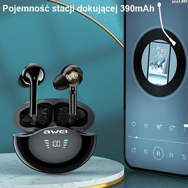 Słuchawki AWEI Bluetooth 5.1 T12P TWS Stacja Dokująca Czarny