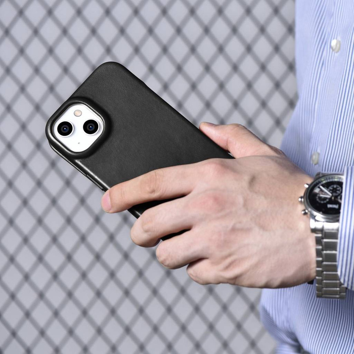 iCarer CE Oil Wax Premium Leather Folio Case skórzane etui iPhone 14 z klapką magnetyczne MagSafe czarny (AKI14220705-BK)