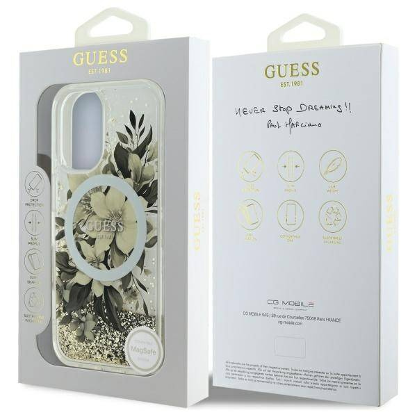 Etui Guess iPhone 16 6.1" beżowy/beige hardcase Liquid Glitter Flower MagSafe
