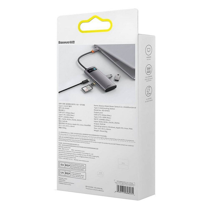 Stacja dokująca HUB Baseus Metal Gleam Series 6 w 1 USB Typ C - 3 x USB 3.2 Gen. 1 / 1 x Power Delivery / 1 x czytnik kart SD / 1 x czytnik kart TF szary (WKWG030213)