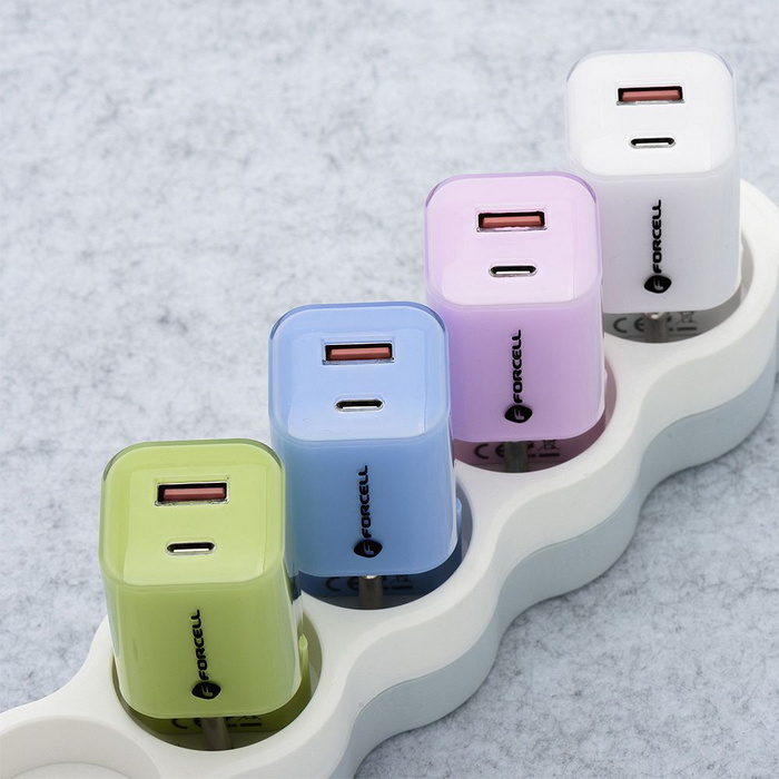 Ładowarka sieciowa do telefonu Forcell F-Energy GaN III Crystal Color USB C + USB A QC4.0 PD 33W + kabel USB C do USB C VT-41 zielona 0INT
