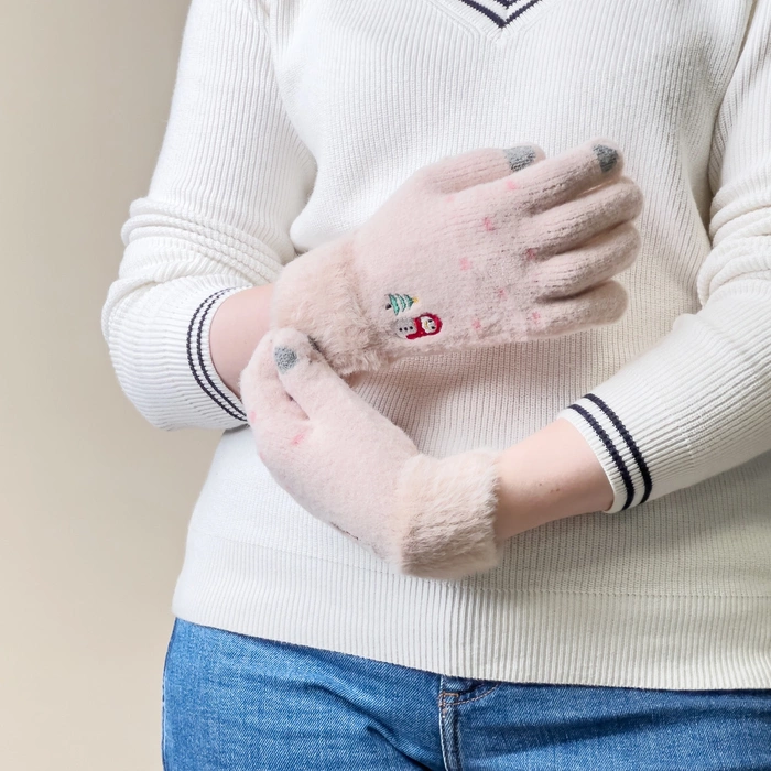 Rękawiczki zimowe do telefonu damskie z bałwankiem i choinką - beżowe