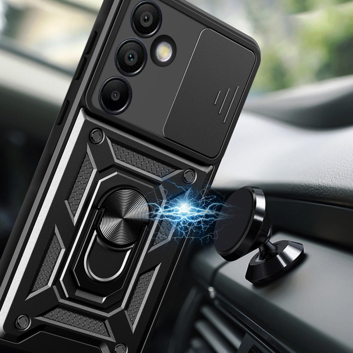 Etui pancerne Hybrid Armor Camshield z osłoną aparatu i metalowym ringiem do Samsung Galaxy S24 FE - czarne