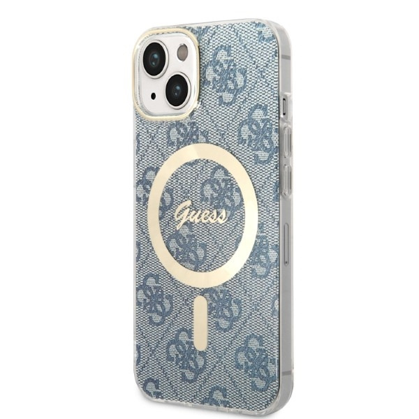 Zestaw Etui Guess Case+ Charger iPhone 14 6,1" niebieski/blue hard case 4G Print MagSafe