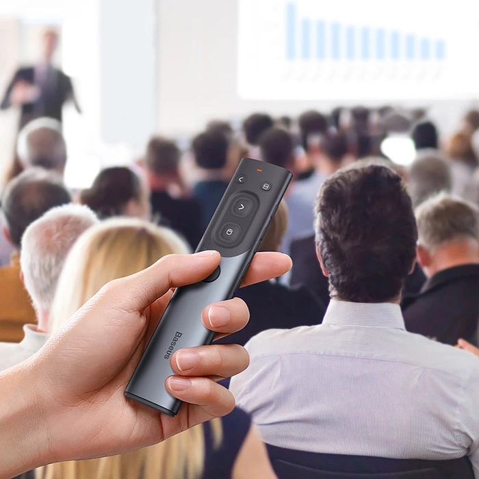 Wielofunkcyjny pilot Baseus Orange Dot do prezentacji, z czerwonym wskaźnikiem laserowym, akumulatorowy (szary)