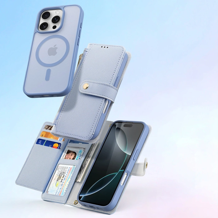 Etui skórzane Dux Ducis Lawa na iPhone 16 Pro Max z odłączanym portfelem magnetycznym - błękitne