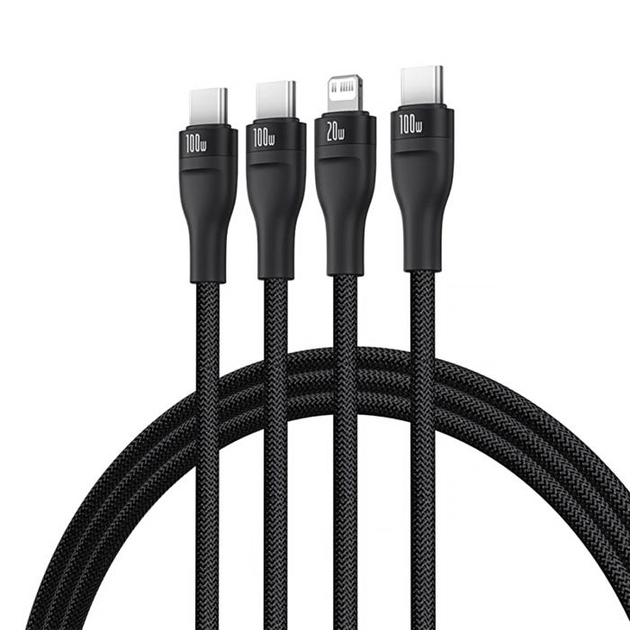 Kabel 3w1 Baseus Flash Series 3 100W USB-C - USB-C+USB-C+Lightning 1,5m + 3 x 0,25 m - czarny