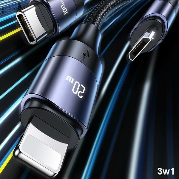 USAMS Kabel U71 3w1 1.2m 6A Fast Charge czarny/black (USB/USB-C na lightning/microUSB/USB-C) SJ511USB01 (US-SJ511)