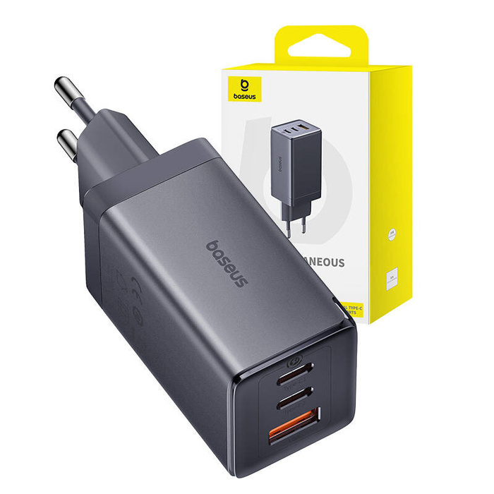 Ładowarka sieciowa Baseus GaN5, 2x USB-C + USB, 65W + kabel 1m (szara)