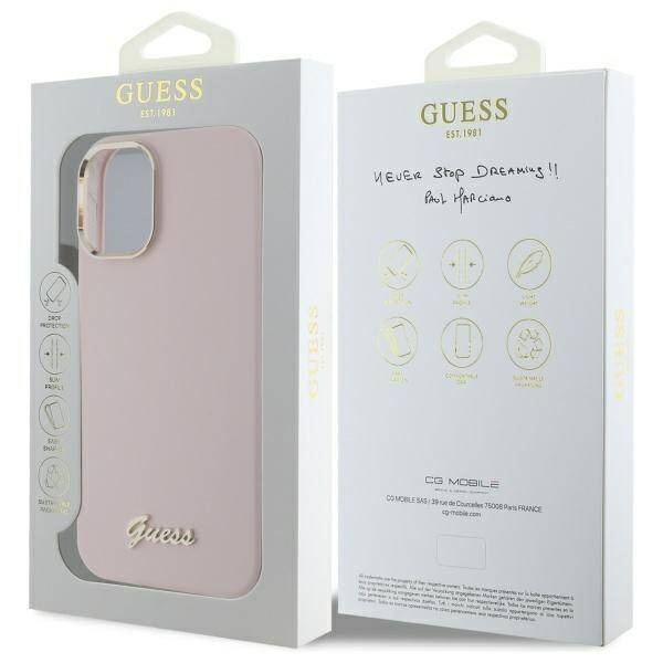 Etui Guess iPhone 16 Plus różowy/pink hardcase Silicone Script Metal Logo & Frame