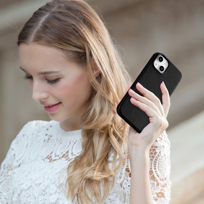 iCarer Litchi Premium Leather Case skórzane etui iPhone 14 magnetyczne z MagSafe czarny (WMI14220709-BK)