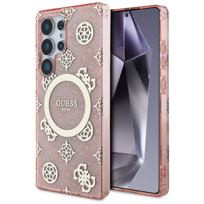 Etui Guess 4G Background Gold             Electroplated Peony Pattern MagSafe do Samsung Galaxy S25 Ultra różowy