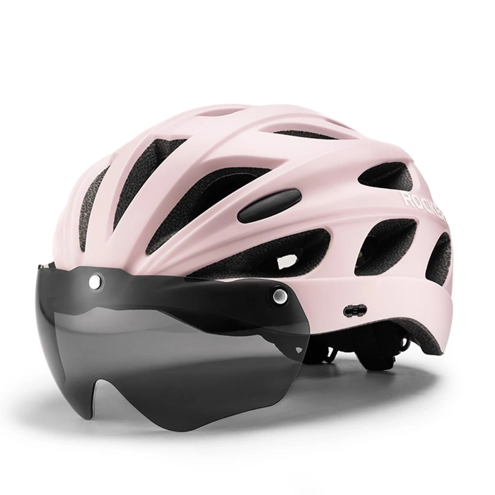 Kask rowerowy Rockbros z szybką, odpinane okulary z ochroną UV, odłączany daszek, unisex - różowy