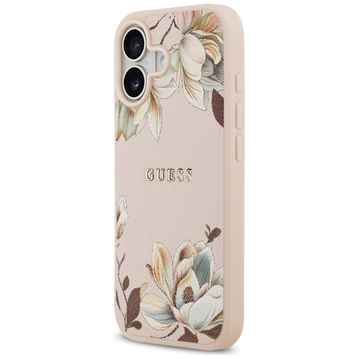 Etui Guess Grained Flowers Classic Logo  MagSafe do iPhone 17 różowy