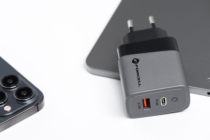 Ładowarka sieciowa do telefonu Forcell F-Energy GaN USB C + USB A QC4.0 PD 4A 45W VT-39 szara