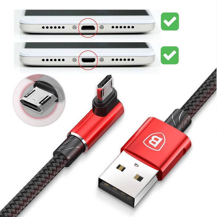 Baseus MVP Elbow Type dwustronny kątowy kabel przewód z bocznym wtykiem micro USB 2m 1.5A czarny (CAMMVP-B01)
