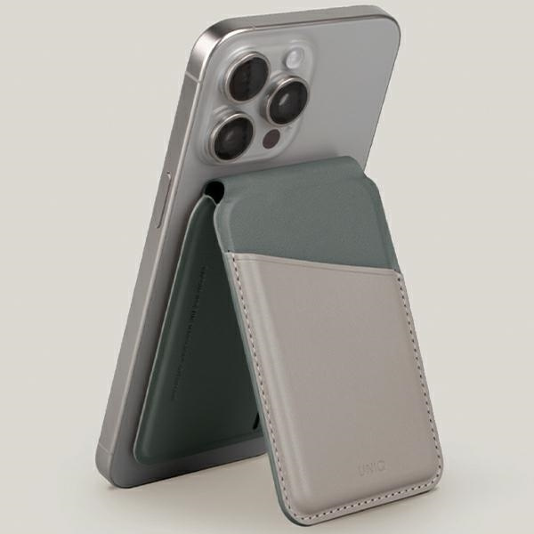 Portfel UNIQ Lyden DS magnetyczny RFID ze stojakiem na telefon - beżowo-zielony