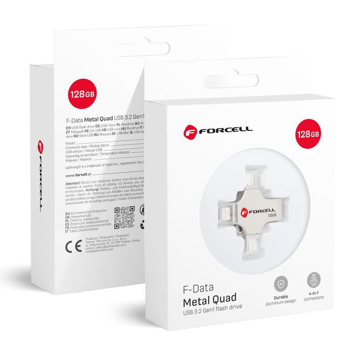Pendrive 128GB USB 3.2 Gen 1 (USB A / USB C / Lightning / Micro USB) Forcell F-Data Metal Quad srebrny