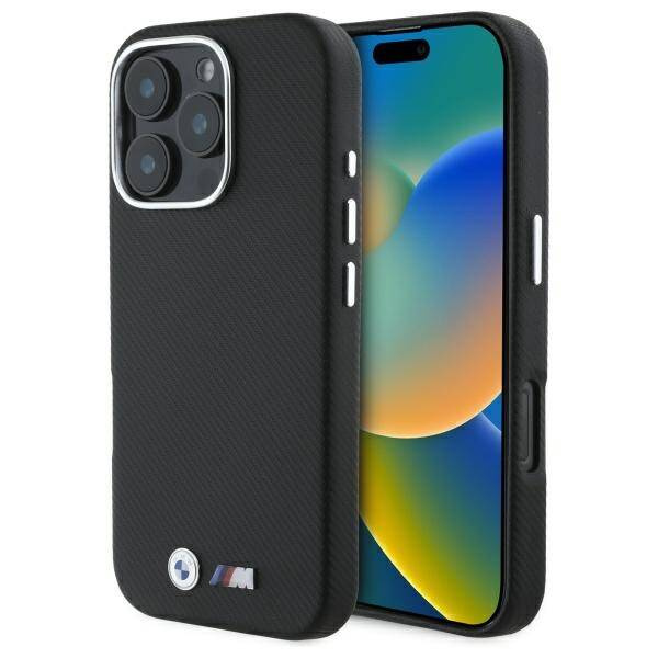 Etui BMW iPhone 16 Pro czarny/black hardcase M Edition Kevlar wrapped metal