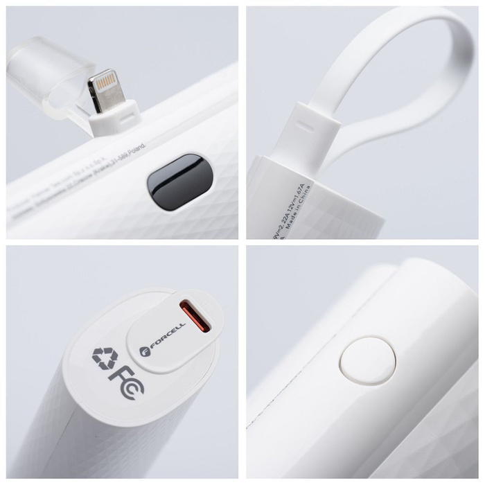 Powerbank Forcell F-Energy Power Plug F5K3 PD 20W 5000 mAh z wbudowanym złączem Lightning biały