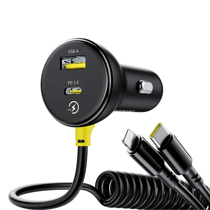 Ładowarka samochodowa BASEUS CIRCULAR PD 1xUSB-C 1xUSB 60W + KABEL USB-C/LIGHTNING BLACK