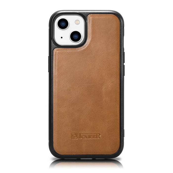 iCarer Leather Oil Wax etui pokryte naturalną skórą do iPhone 14 Plus (kompatybilne z MagSafe) brązowy (WMI14220719-TN)