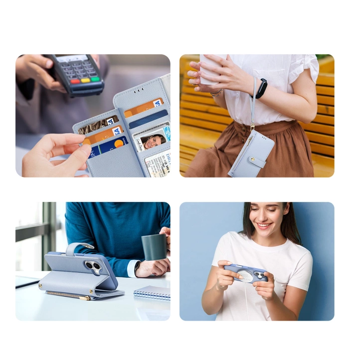 Etui skórzane Dux Ducis Lawa na iPhone 16 z odłączanym portfelem magnetycznym - błękitne