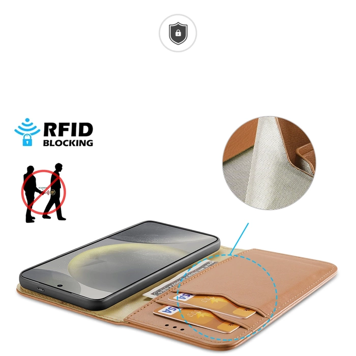 Etui Dux Ducis Hivo z klapką i blokadą RFID do Samsung Galaxy S24 Plus - brązowe