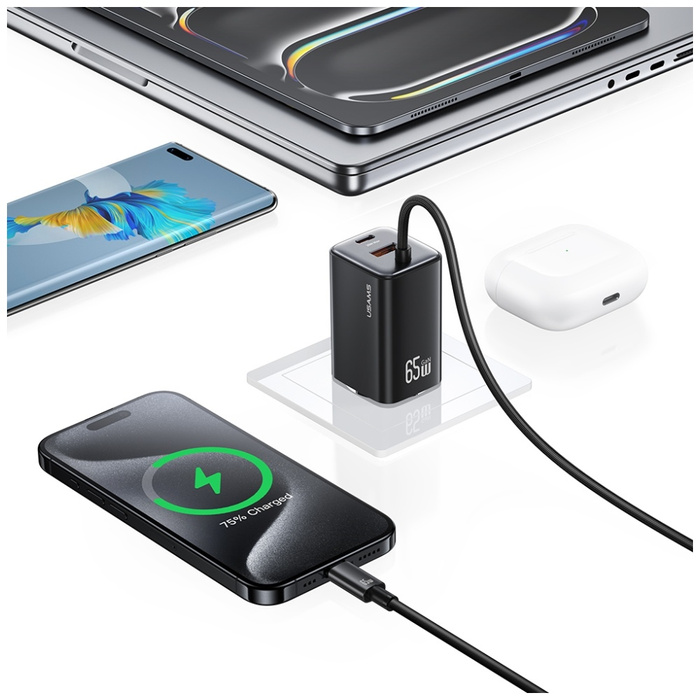 Ładowarka sieciowa USAMS JC Series CC266 65W GaN Fast Charger 2xUSB-C 1xUSB-A biały
