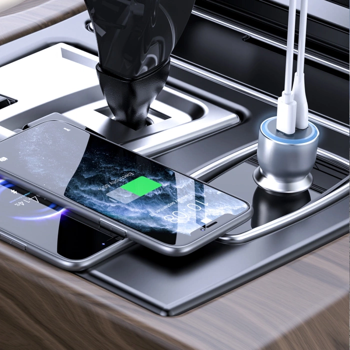 Ładowarka samochodowa Dudao R4Ultra 120W Power Delivery Quick Charge LED USB-A USB-C - szary