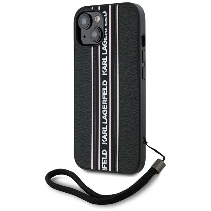 Etui Karl Lagerfeld Saffiano Athleisure  Stripes Cord do iPhone 15 czarno-różowy