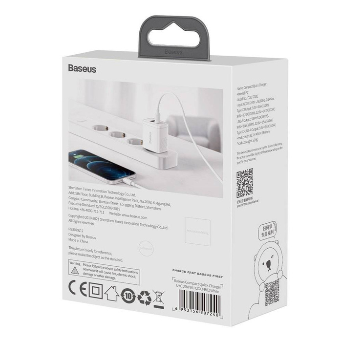 Baseus Compact szybka ładowarka sieciowa USB / USB Typ C 20W 3A Power Delivery Quick Charge 3.0 biały (CCXJ-B02)